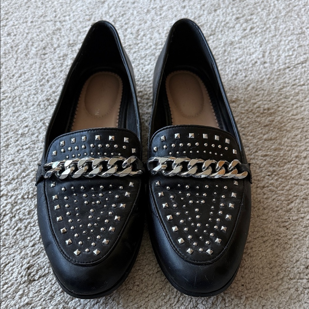 BCBGeneration Black Loafers with Silver Chain and Studs